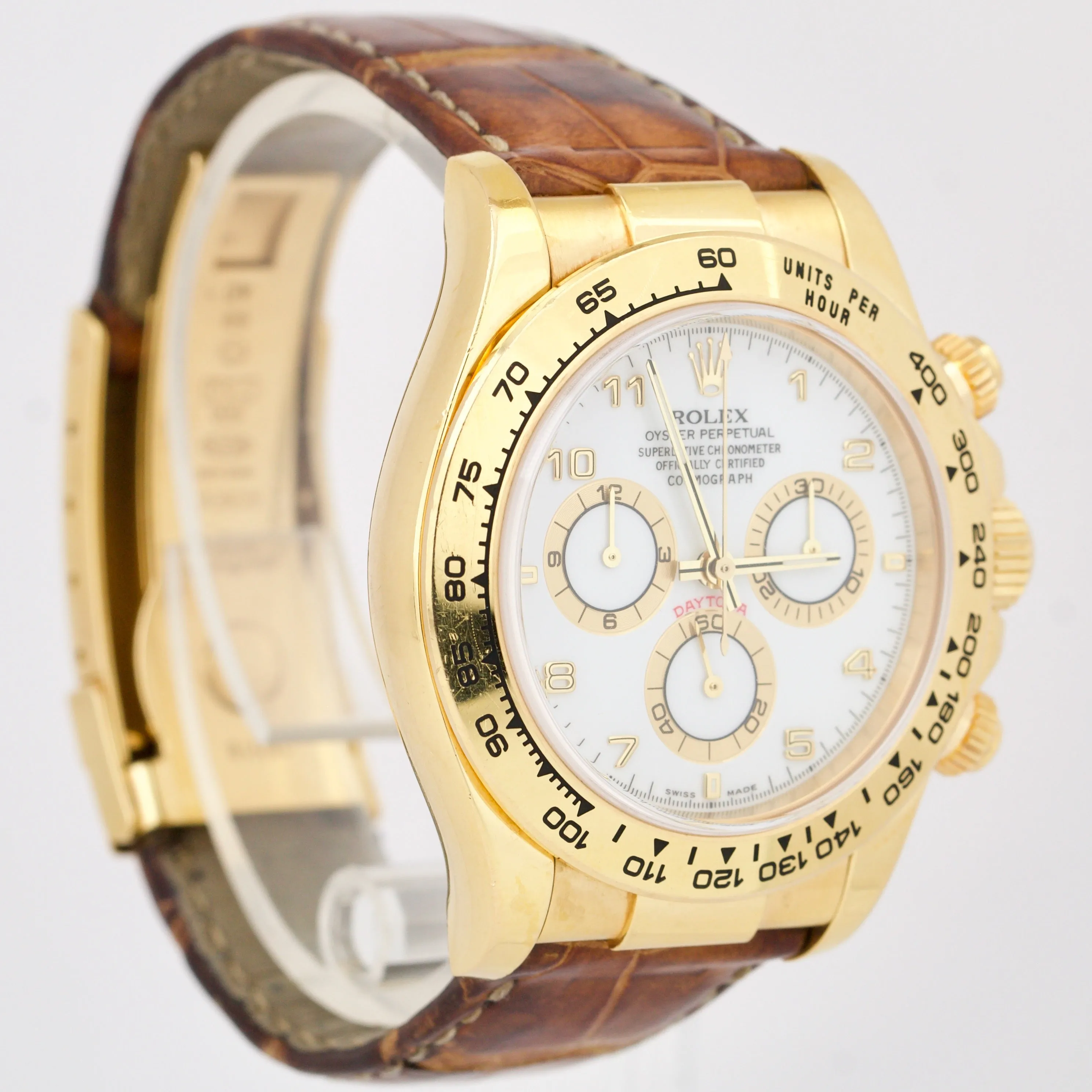 UNPOL. Rolex Daytona Cosmograph Gold WHITE Chronograph 40mm Leather 116518 B&P
