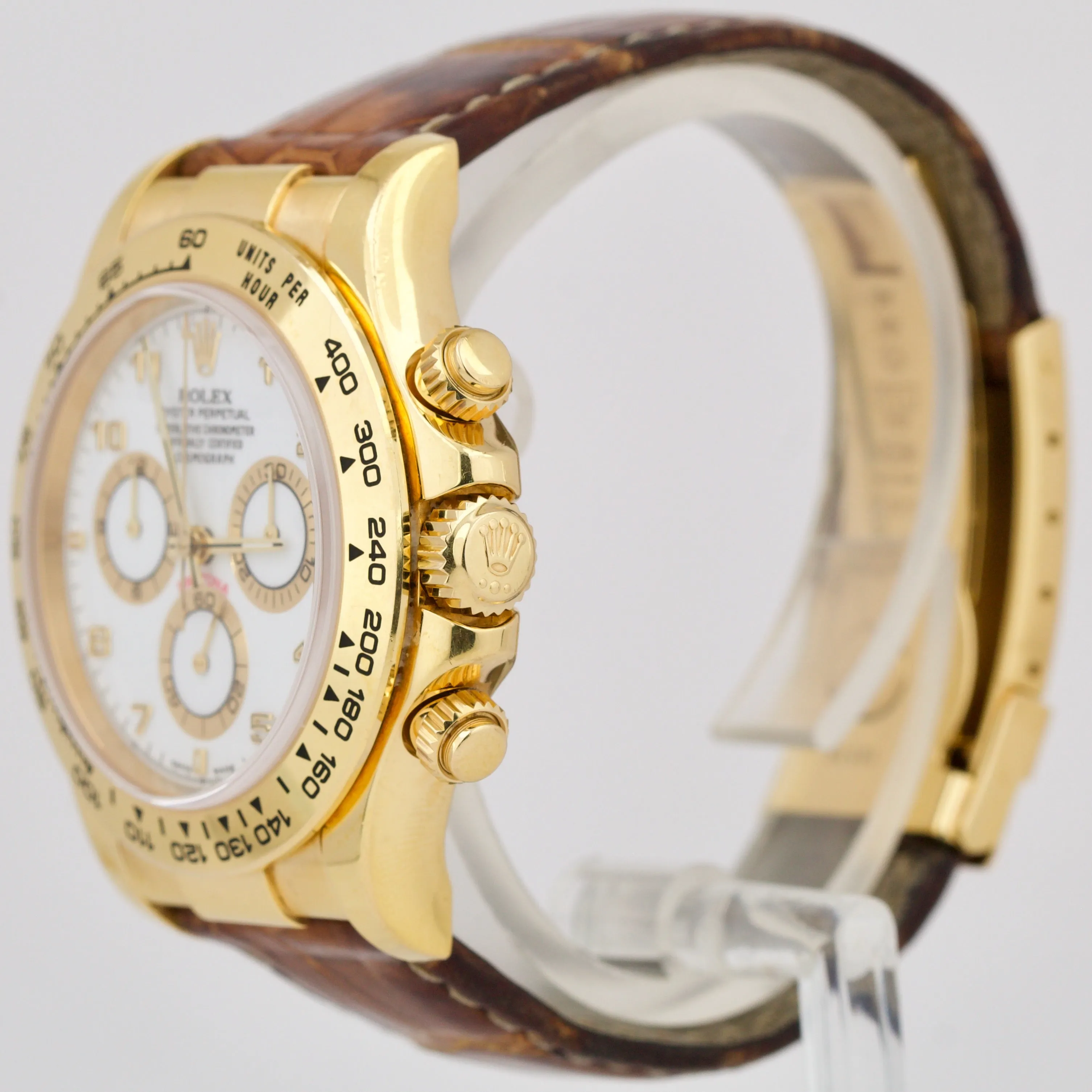 UNPOL. Rolex Daytona Cosmograph Gold WHITE Chronograph 40mm Leather 116518 B&P