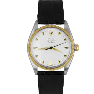 VINTAGE Rolex Air King Steel White 34mm 18K Fluted Bezel Leather 5501 Watch