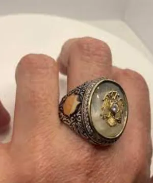 Vintage White Cats Eye Men's Ring in 925 Sterling Silver Persian Genuine