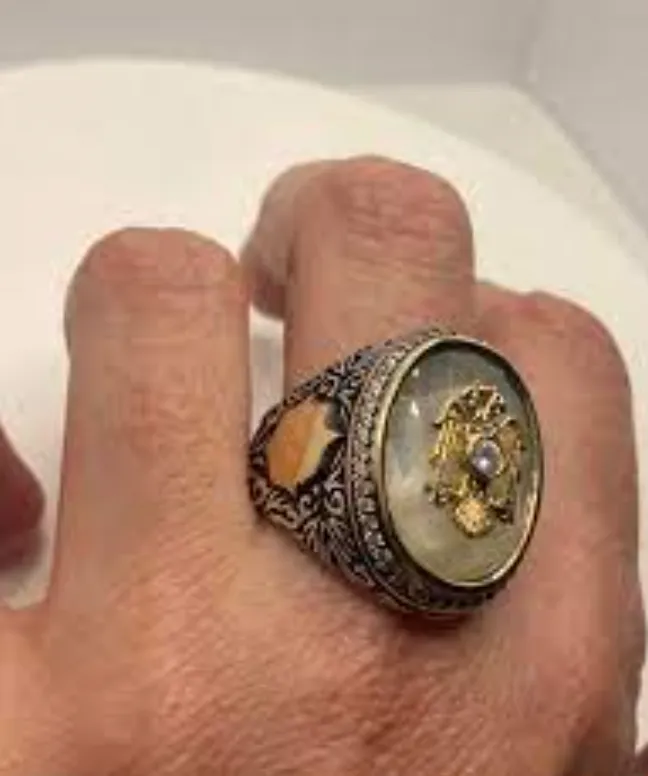 Vintage White Cats Eye Men's Ring in 925 Sterling Silver Persian Genuine