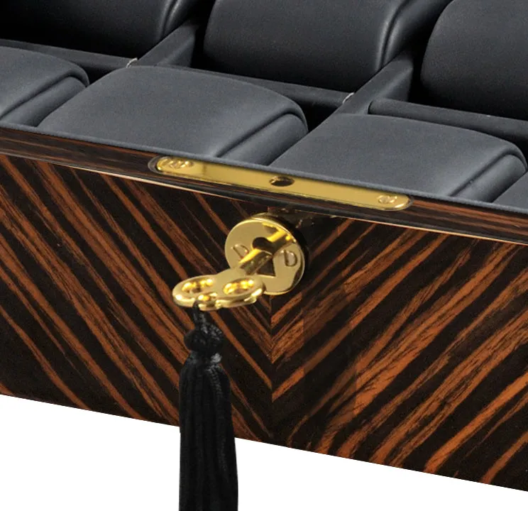 Volta Ebony Wood 10 Watch Case with Gold Accents (Black Leather Interior)