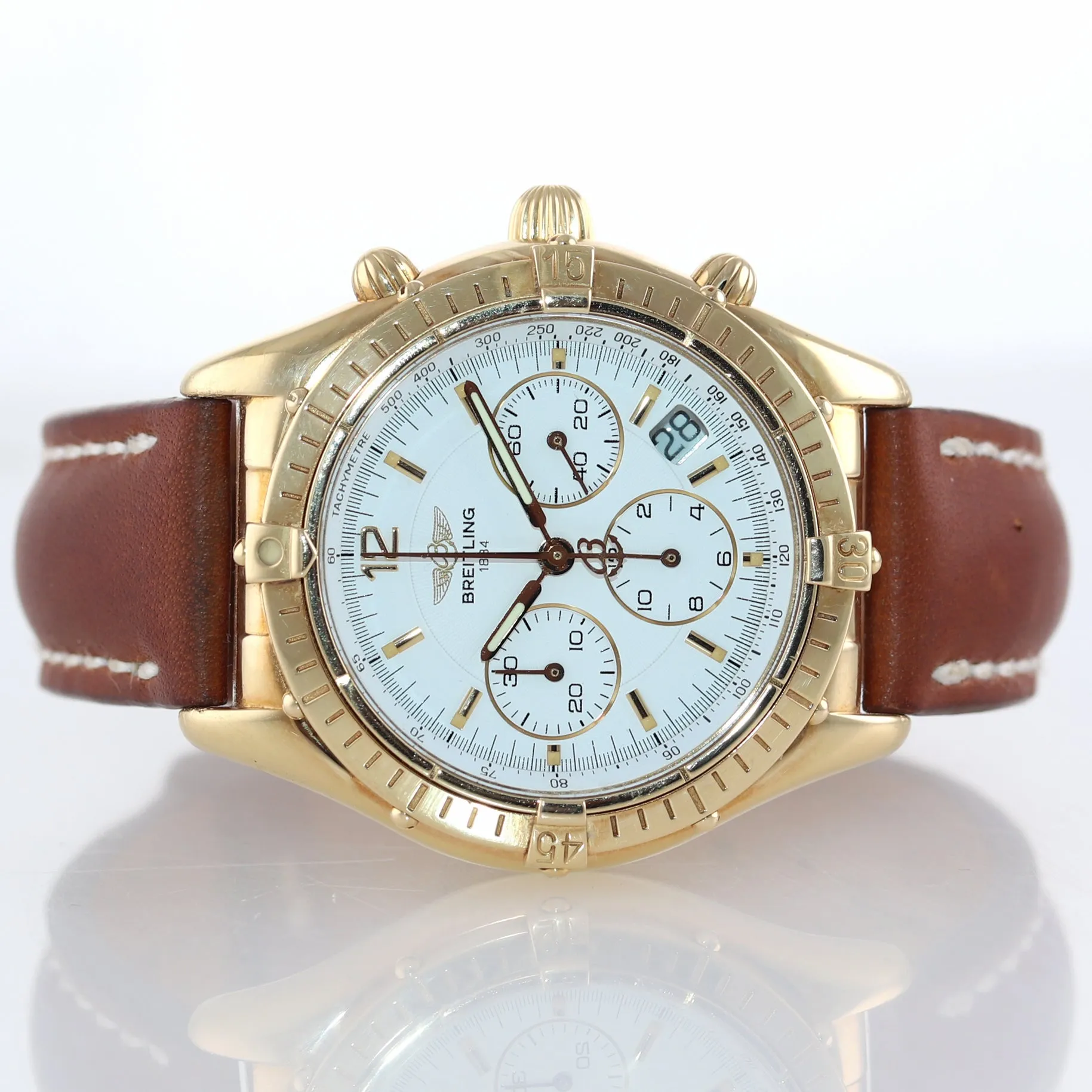 VTG Breitling Chronograph Cockpit White K30012 18k Yellow Gold 37mm Date Watch