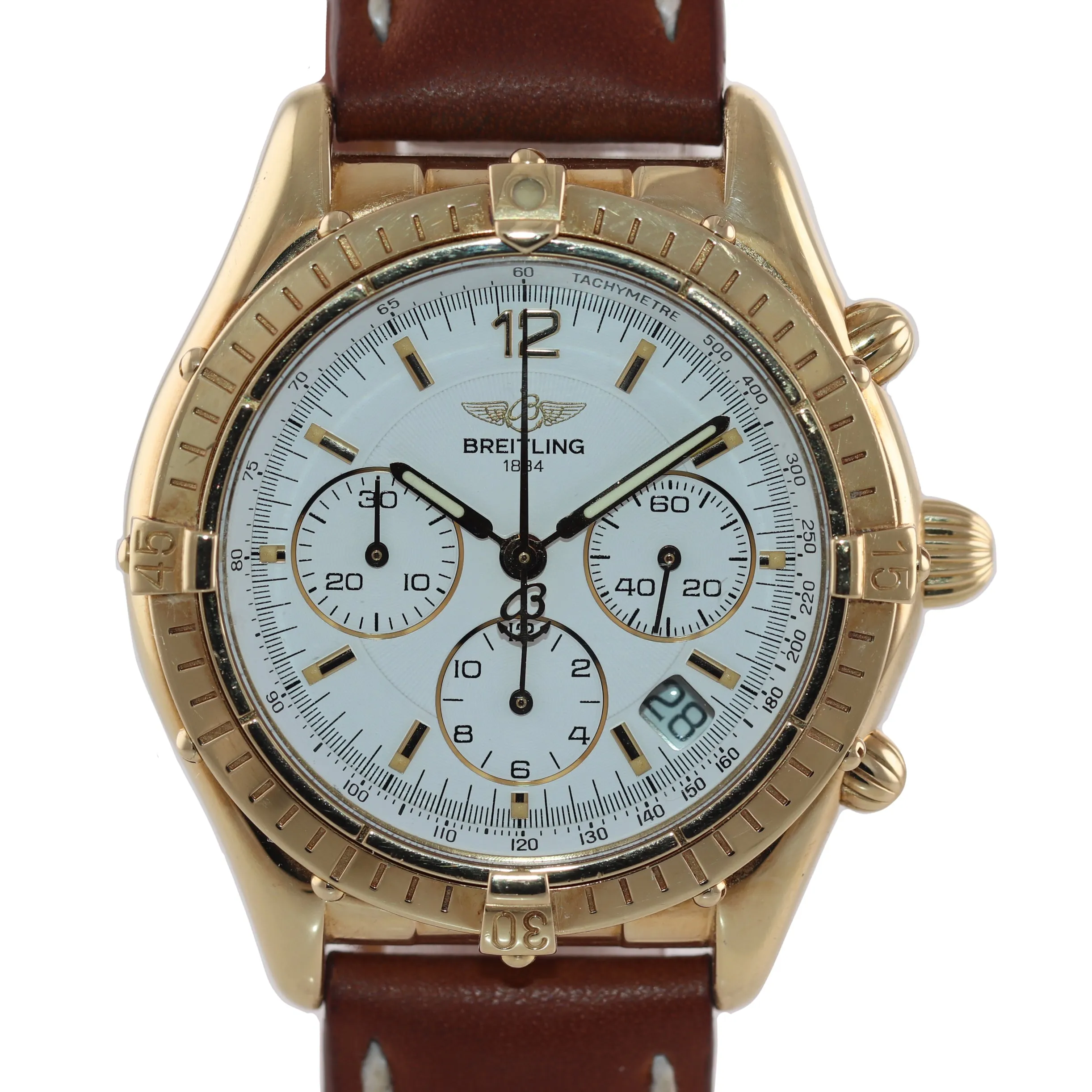 VTG Breitling Chronograph Cockpit White K30012 18k Yellow Gold 37mm Date Watch