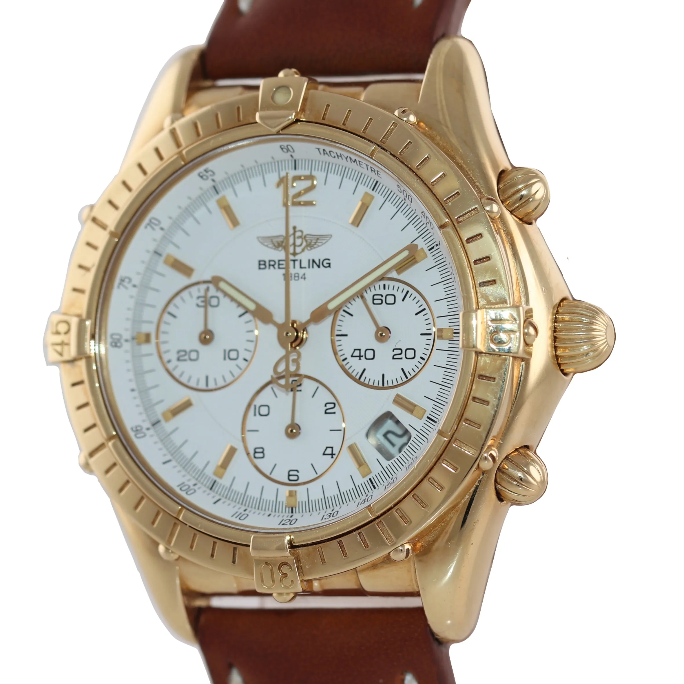 VTG Breitling Chronograph Cockpit White K30012 18k Yellow Gold 37mm Date Watch