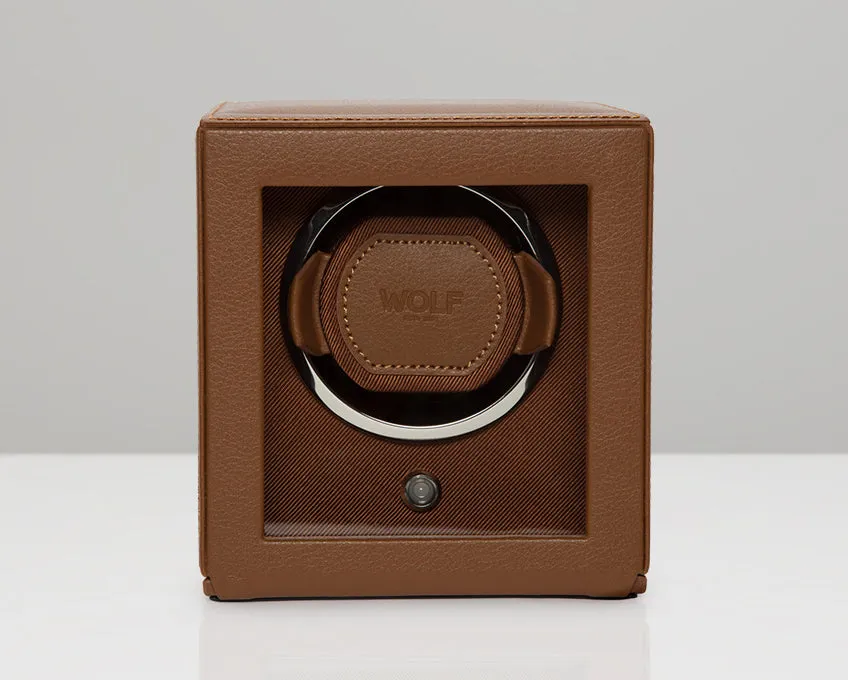 WOLF Single Cub Watch Winder with Cover - Cognac