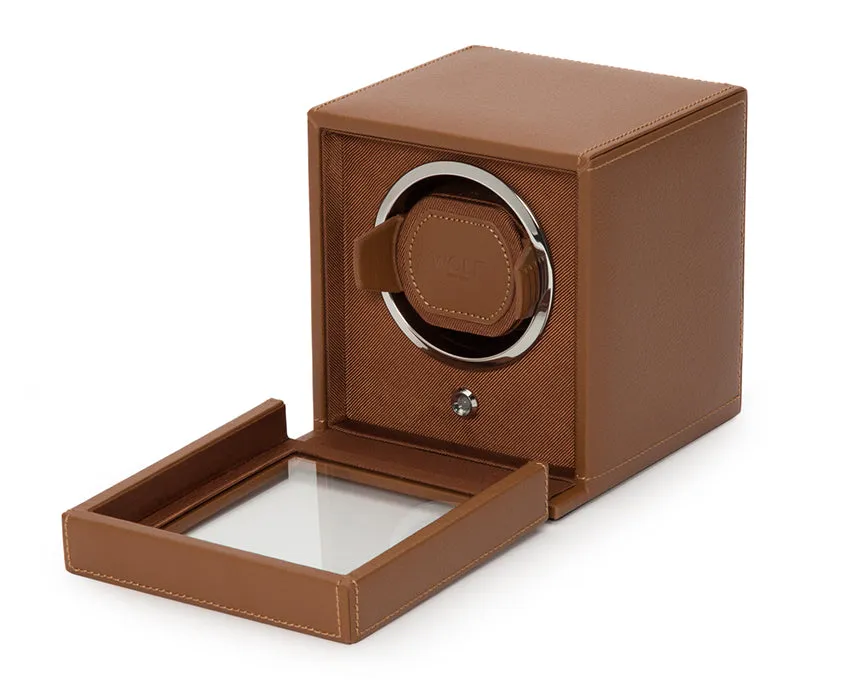 WOLF Single Cub Watch Winder with Cover - Cognac