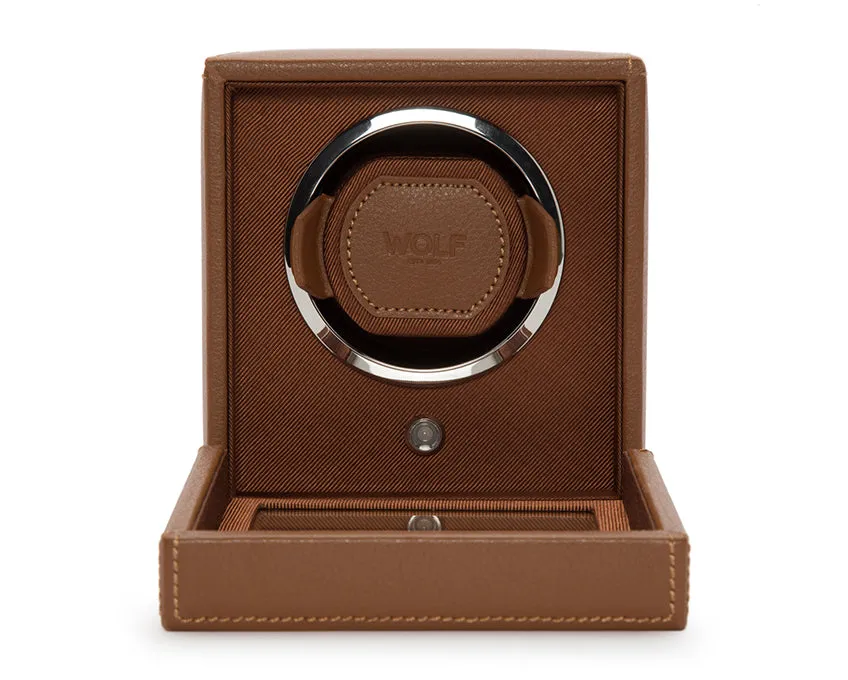 WOLF Single Cub Watch Winder with Cover - Cognac