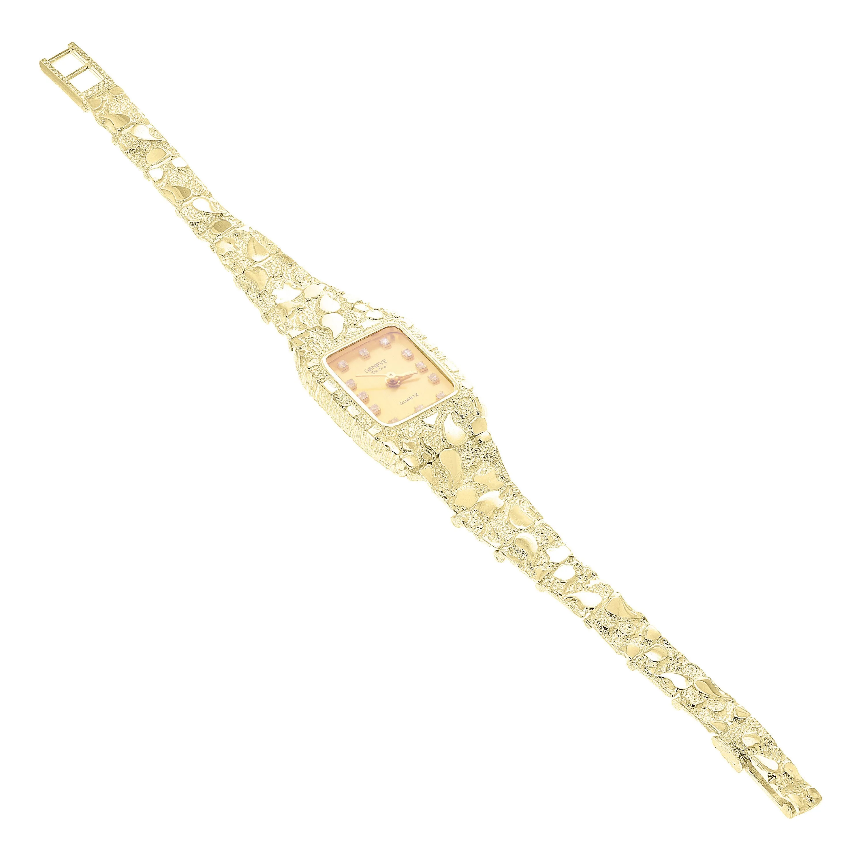 Women's 10k Yellow Gold Nugget Band Wrist Watch Geneve with Diamonds 6.5" - 8.5"
