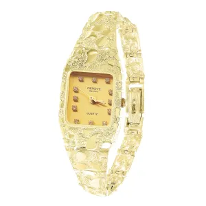 Women's 10k Yellow Gold Nugget Band Wrist Watch Geneve with Diamonds 6.5" - 8.5"